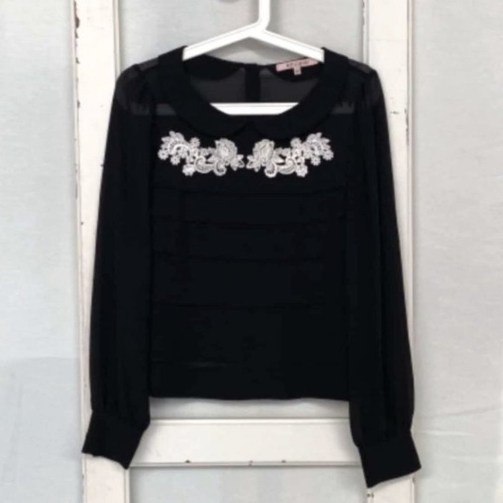 BARDOT Black Pearl Long Sleeve Keyhole Cut Out Crop Top Blouse